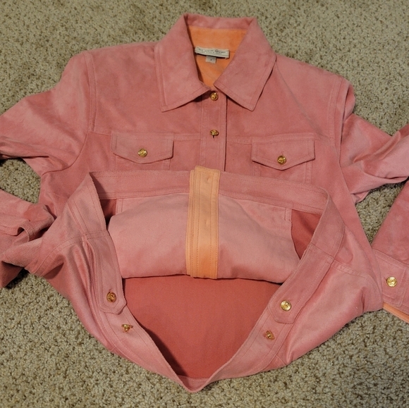 VTG St John Sport by Marie Faux Suede Button Jacket Gold Hardware Pink Orange - Picture 11 of 12